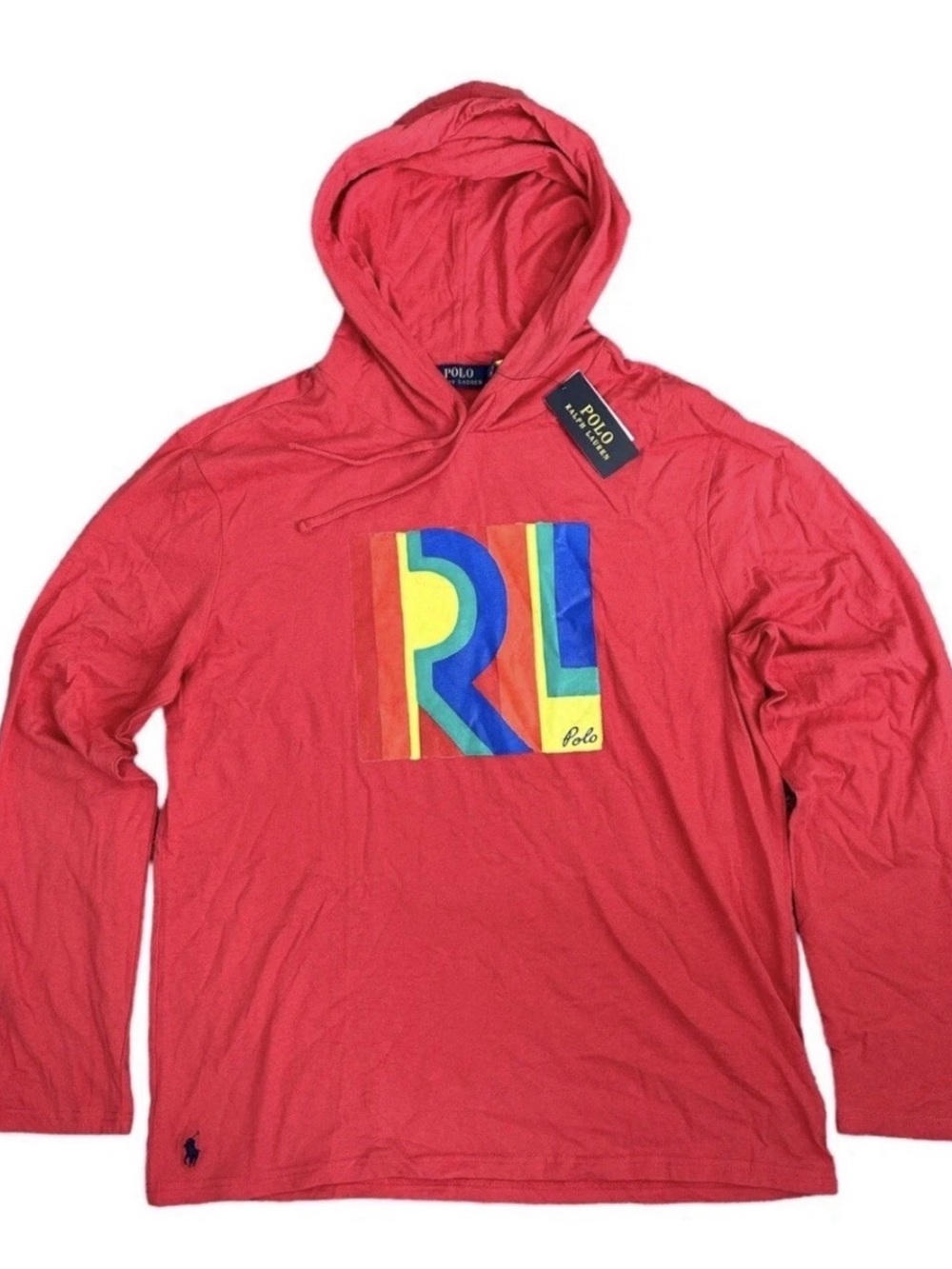 Polo by Ralph Lauren Coral Red Hooded Long-Sleeve Shirt with Multicolor RL Patch